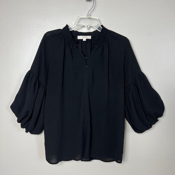 Women's Loft Boho Ballon Sleeve Blouse Black High Button Neck Flowy Top Small - Picture 7 of 7